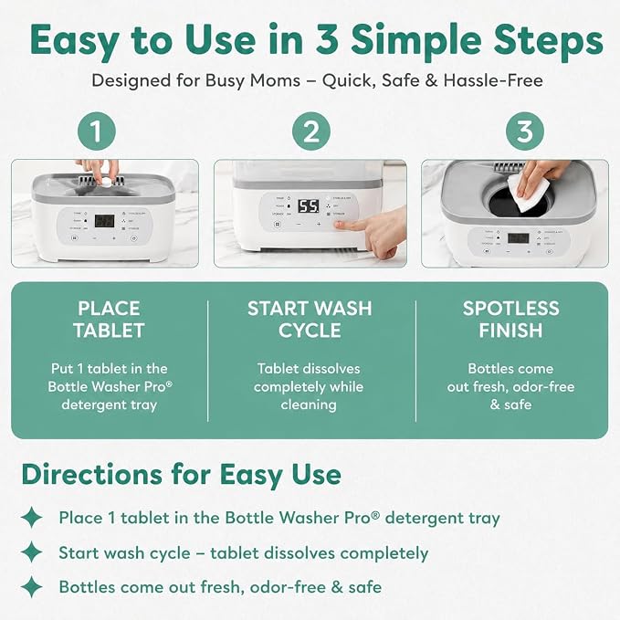 Detergent Tablets for Bottle Washer (120 Count) Deep Cleaning Compatible with Momcozy, Baby Breeza, Grownsy & All Bottle Washers - Removes Milk Residue from Bottles & Pump Parts