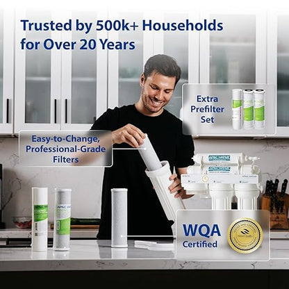 APEC Water Reverse Osmosis Water Filter System, WQA Certified, 6-Stage with Alkaline Mineral pH+ and Extra High Capacity Pre-Filter Set Stage 1-3, Ultra Safe Essence Series, 75 GPD