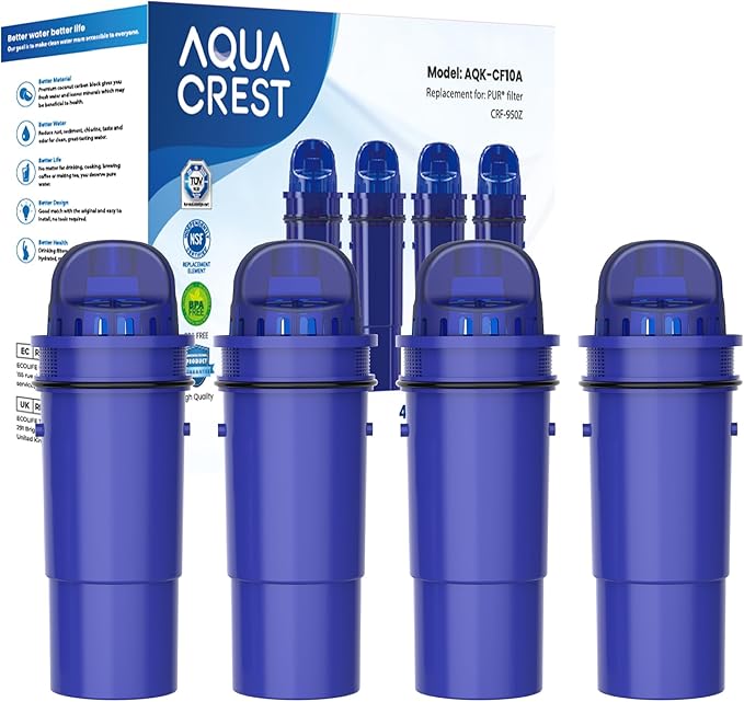 AQUA CREST NSF Certified Filter, Replacement for Pur® Plus Pitcher Water Filter, CRF950Z, PPF951K, PPF900Z, DS1811Z, PPT711, PPT111, CR-1100C and All Pur® Pitchers and Dispensers, 4 Packs