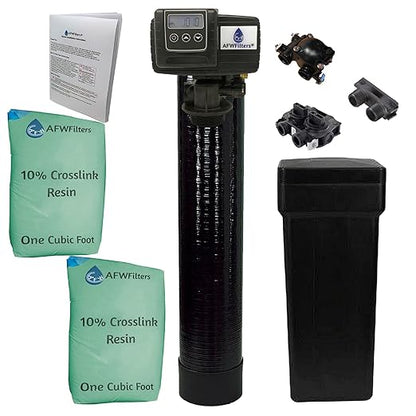 AFW Premium Fleck Whole House 64k Water Softener System - Upgraded 10% Resin 5600sxt Metered On-Demand - Efficient Water Softening System with 1" Bypass and Brine Tank - 64,000 Grain Capacity