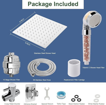 HarJue Filter Shower Head, High Pressure 8 Inch Rainfull with Filter Combo for Hard Water, Remove Chlorine Fluoride and Harmful Substances- 1 Replaceable Filter Cartridge (Square, Chrome)