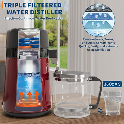 GarveeHome Water Distillers for Home Countertop, 1 gal/4 L Stainless Steel Distilled Water Machine with Glass Container, 750W Desktop Drinking Purifier Filter Distilling Kit, Red