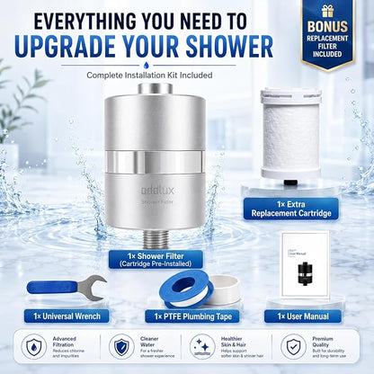 Lab Tested Titanium Shower Water Filter for Hard Water - No Plastic Core High Pressure Filtered Shower Head – Metal Home Water Filter for Healthier Skin & Hair (Chrome + Extra Cartridge Set)