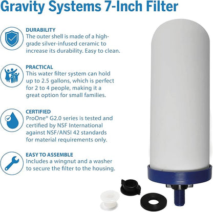 ProOne G-Series 7-Inch Gravity Filter Replacement 1-Pack - Universally Compatible with Gravity Water Filtration Systems - NSF/ANSI Certified to Reduce Lead, Microplastics, & Total PFAS (1-Pack)