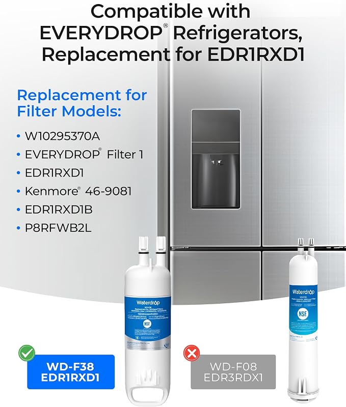 Waterdrop EDR1RXD1 Refrigerator Water Filter | Replacement for Everydrop® Filter 1, Whirlpool® W10295370A, EDR1RXD1B, P8RFWB2L, P4RFWB, WD-F38, Kenmore® 46-9081, 46-9930