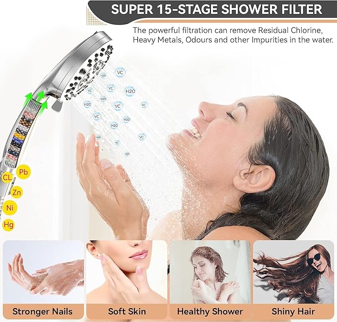 Filtered Shower Head, 15 Stage Handheld Shower Head Filter for Hard Water, 10 Modes High Pressure Shower Head with 60" Hose and Bracket, Remove Chlorine and Harmful Substance