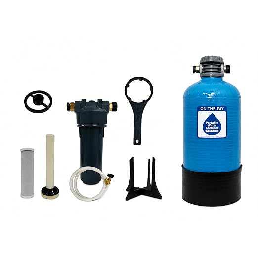 On The Go Portable 16,000 Grain RV Double Water Softener (NOT Made in China) with the On The Go Water Softener Salt Regeneration Kit and Carbon Filter
