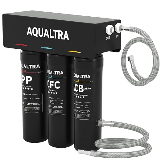 AQUALTRA USF-3B-10 Slightly Alkaline Under Sink Filter System, 8K-32K Gal, Reduce PFOA, PFOS, Chlorine, Lead, Mercury, Chloramine, Fluoride, Microplastics Particles, Bad Taste & Odor
