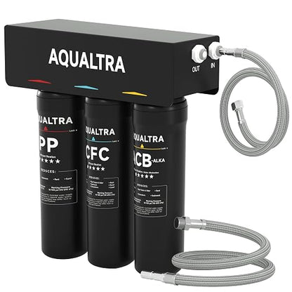 AQUALTRA USF-3B-10 Slightly Alkaline Under Sink Filter System, 8K-32K Gal, Reduce PFOA, PFOS, Chlorine, Lead, Mercury, Chloramine, Fluoride, Microplastics Particles, Bad Taste & Odor