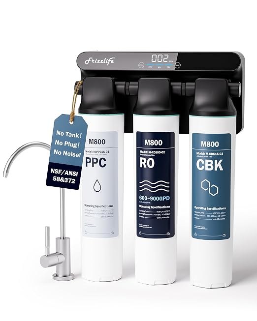 Frizzlife M800 Non-Electric Tankless Reverse Osmosis Water Filter, up to 900GPD Under Sink RO Water Filtration System, Huge Filter with Auto Flush, NSF/ANSI 58&372, 4:1 Pure to Drain
