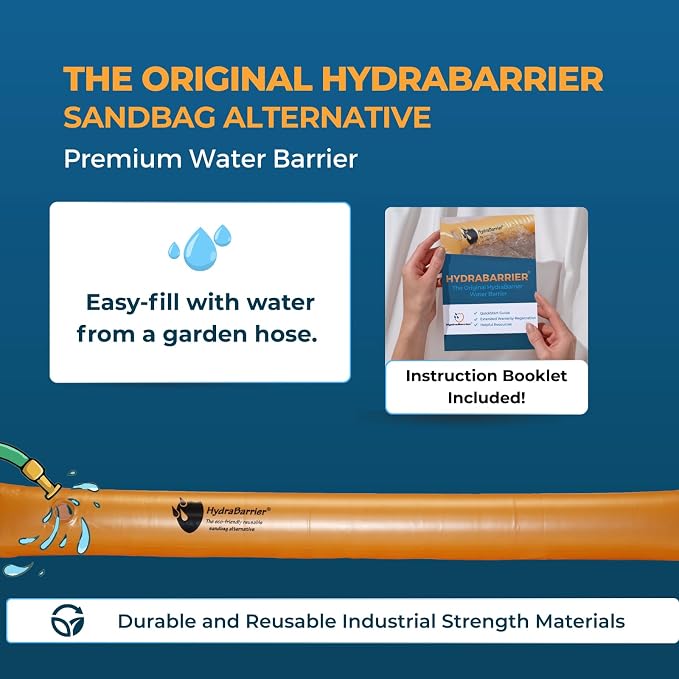 The Original HydraBarrier Standard Flood Barrier – 6 ft Long x 4 in High – Light, Reusable Sandbag Alternative – Flood Control & Diversion Tube for Home, Garage, Door & Property Protection