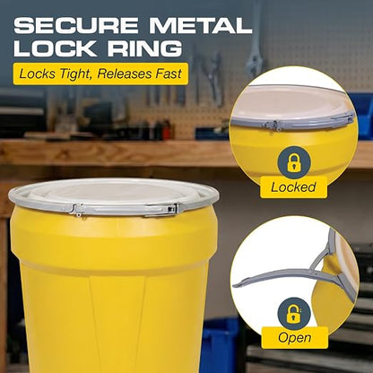 Eagle Plastic Drum, 30 Gallon Drum, DOT Compliant, Made in USA, Yellow | High-Density-Polyethylene Construction, Open Head Lab Pack Drum, Metal Lever-Lock Lid, Hazardous Material Storage, Transport