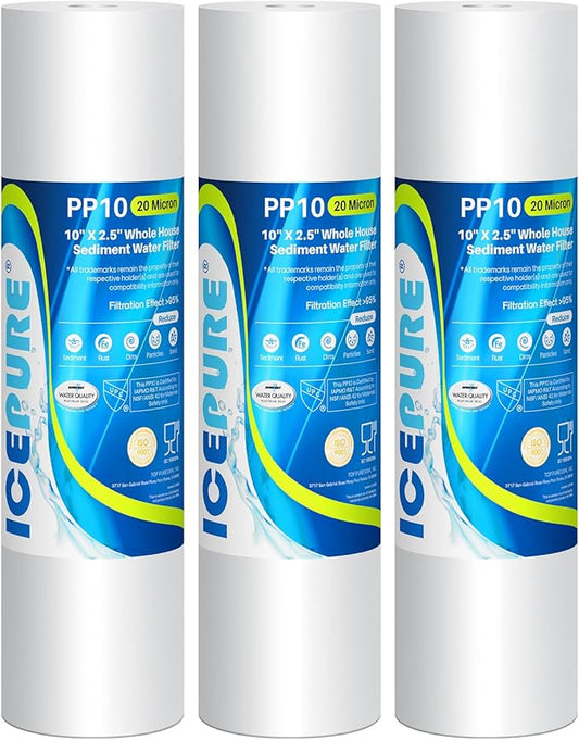 ICEPURE 10"X2.5" 20 Microns Whole House Sediment RO System Water Filter Replacement for Any 10 inch RO Unit, Dupont WFPFC5002, Aqua Pure AP110, Culligan P5, GE FXUSC, Whirpool WHKF-GD05 PP10-05, 3PACK