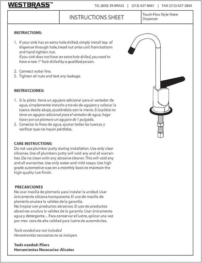 Westbrass D203-NL-20 6" Touch-Flo Style Pure Cold Water Dispenser Faucet, 1 Pack, Stainless Steel