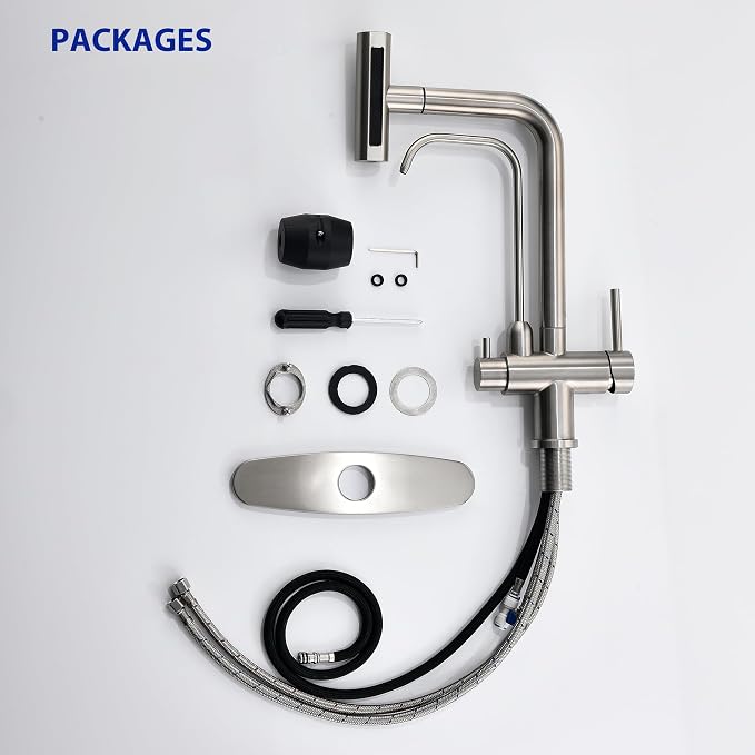 Waterfall Kitchen Faucet with Water Filter,Upgraded Separate Drinking Water 2 Handle Kitchen Faucet with Pull Down Sprayer, Brushed Nickel 3 in 1 Sink Faucets, Without Water Filtration Device
