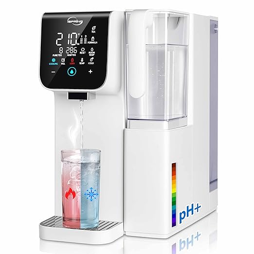iSpring RCD100HCW Alkaline Hot & Cold Countertop Reverse Osmosis System, White, Remineralization RO Water Filter Dispenser, 9 Temperature & 6 Dispensing Volume Options, TDS & Filter Life Monitor