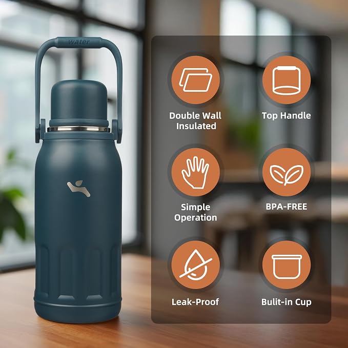 Konokyo Insulated Water Bottle with Handle and Strap,Vacuum Travel Tumbler with Cup Lid,Thermo Coffee Cup for Hot Cold Drinks 40 OZ,Navy Blue