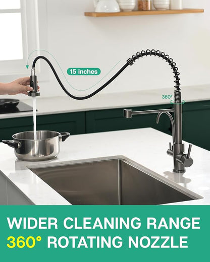 GIMILI 3 in 1 Kitchen Faucet with Pull Down Sprayer Black Stainless Two Handle Kitchen Sink Faucet with Under Sink Water Filter System Reduces PFAS, PFOA/PFOS, Lead, Chlorine, Bad Taste & Odor