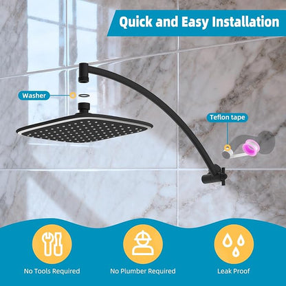 iFealClear Black Rain Shower Head with 16" Shower Extension Arm, 10" High Pressure Boosting Rainfall/Fixed Showerhead, Stainless Steel Shower Head Extender Adjustable Height/Angle, Easy 1-Min Install