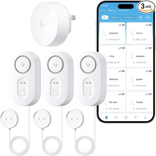 GoveeLife Upgraded Smart Water Leak Detector 1s with 4.92 ft Cable, 3 Pack | WiFi Water Sensor with SMS/Email/APP Push and Sound Alarm, 5Yr Battery Life, IP66, Suit for Home, Basement, Kitchen, Cabin/RV