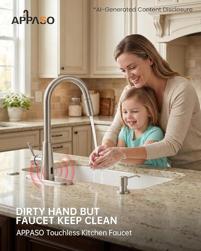 APPASO Kitchen Faucet Touchless with Soap Dispenser and Pull Down Sprayer | S304 Stainless Steel Brushed Nickel Motion Sensor Hands Free Sink Faucets 2 Modes with cUPC Lead-Free Certified Water Hoses