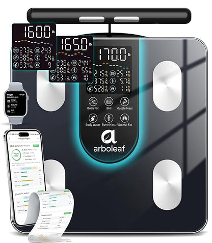 arboleaf Smart Scale for Body Weight, Dual-Frequency 8-Electrode BIA | 7-in-1 display shows key stats fast; App unlocks 50+ metrics, trend charts, family profiles, plus data syncing and reports
