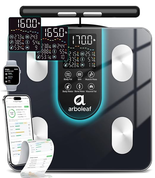 arboleaf Smart Scale for Body Weight, Dual-Frequency 8-Electrode BIA | 7-in-1 display shows key stats fast; App unlocks 50+ metrics, trend charts, family profiles, plus data syncing and reports