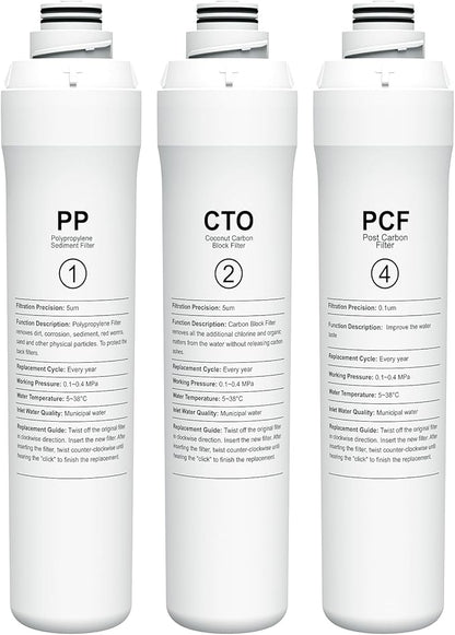 ROPOT 1 Year Replacement Filter Set Compatible with Bluevua RO100ROPOT RO100ROPOT-UV RO System (1 PP, 1 CTO, 1 PCF)