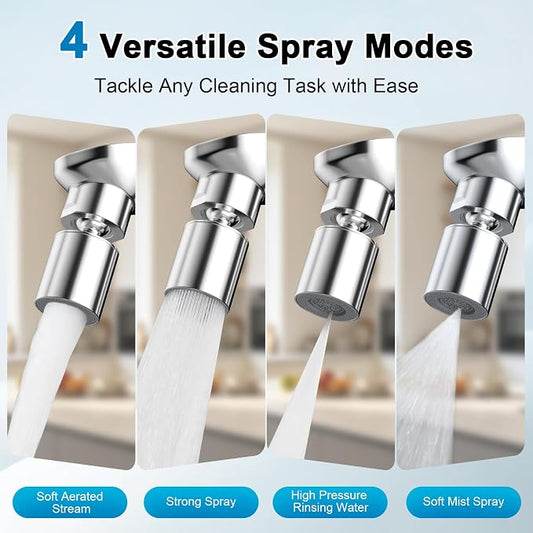 Hibbent NSF/ANSI/CAN 372 Certified 4 Modes Faucet Aerator, Chrome | 360° Swivel Faucet Extender, Sink Sprayer Attachment with Metal Adapter for Kitchen & Bathroom, 55/64'' Female Thread