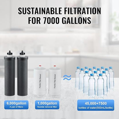 VEVOR Gravity-fed Water Filter System, 2.25G 304 Stainless-Steel Countertop Filtration System, Reduces Lead and up to 99% of Chlorine, with 2 Activated Carbon Filter, 2 Defluorination Filter, Spigot