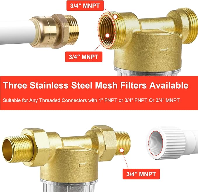 Spin Down Sediment Filter, 40/100/200 Micron Inline Water Filter | For Well Water, Whole House Prefilter Filtration System, Lead-Free Brass, 1" MNPT 3/4" FNPT 3/4" MNPT