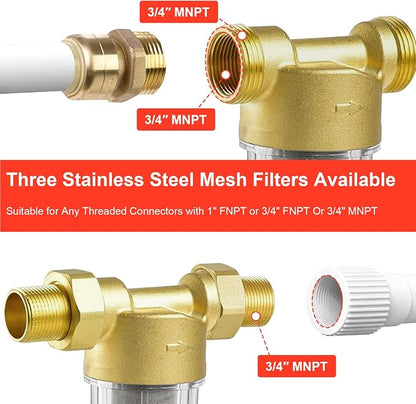 Spin Down Sediment Filter, 40/100/200 Micron Inline Water Filter | For Well Water, Whole House Prefilter Filtration System, Lead-Free Brass, 1" MNPT 3/4" FNPT 3/4" MNPT