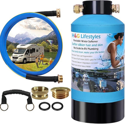 H&G lifestyles Portable Water Softener for RV with Water Hose,5A Food-Grade 3/4" Brass Fittings 2600 Gallons Softens Hard Water Filtration System for Boats Mobile Car Washing Camping Must Haves 2025