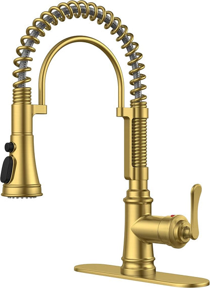 FORIOUS Gold Kitchen Faucet with Pull Down Sprayer, Stainless Steel Single Handle Spring Antique Brass Kitchen Sink Faucet with Deck Plate for 1 or 3 holes, Sutiable for Farmhouse, RV, Camper, Wet Bar