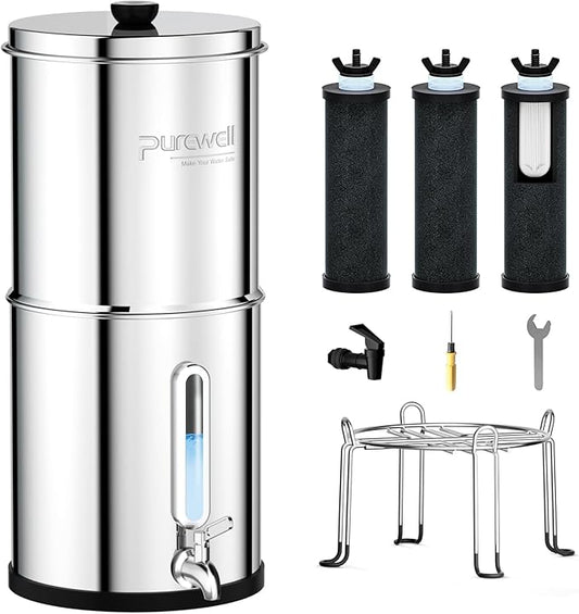 Purewell 2.25G Gravity-fed Water Filter System with 3 Filters, 3-Stage Ultra-Filtration Stainless Steel Countertop System with Water Level Window, Reduce 99% Chlorine, 9,000G Filter Capacity, PW-KS-3C