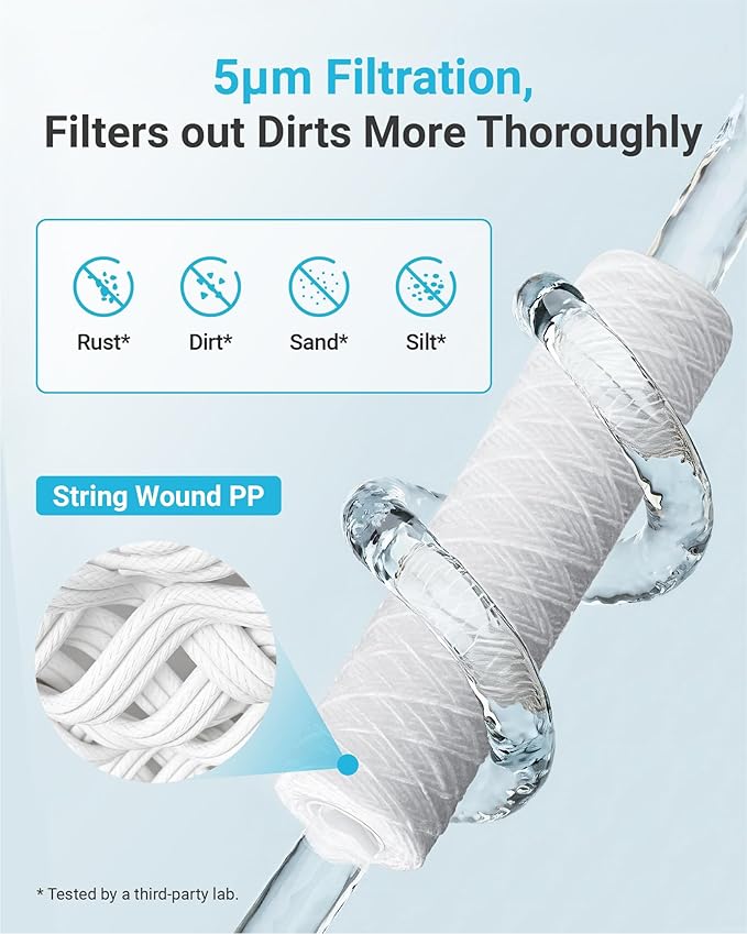 AQUA CREST 5 Micron 10"x2.5" String Wound Sediment Water Filter Cartridge for Well Water, Universal Replacement for Any 10 inch RO Unit, WP-5, Aqua-Pure AP110, CFS110, Culligan P5, WFPFC4002, 4Pack