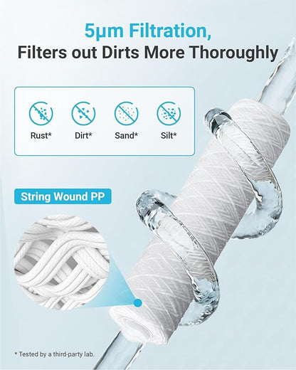 AQUA CREST 5 Micron 10"x2.5" String Wound Sediment Water Filter Cartridge for Well Water, Universal Replacement for Any 10 inch RO Unit, WP-5, Aqua-Pure AP110, CFS110, Culligan P5, WFPFC4002, 4Pack