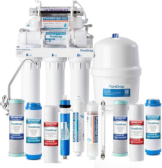 PureDrop RTW5AK-UV SGS-Tested Reverse Osmosis Water Filter System with Alkaline Remineralization & UV Filter, 7-Stage Under Sink RO Water Filtration System Plus Extra 3 Filters, 50 GPD