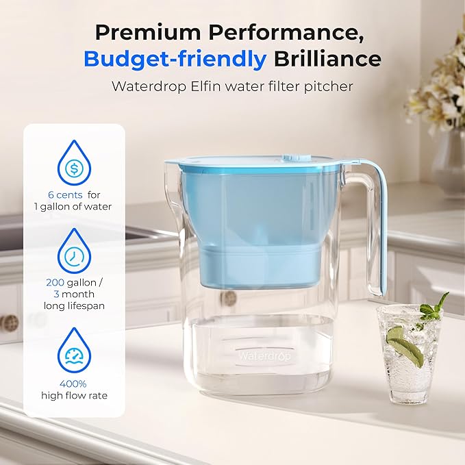 Waterdrop PT-05B-L Water Filter Pitcher, 7-Cup, NSF Certified, 200-Gallon Long-Life Filter Purifier, Reduces Chlorine and PFOA/PFOS, for Countertop, Replaces 6,400 Plastic Water Bottles a Year, Blue