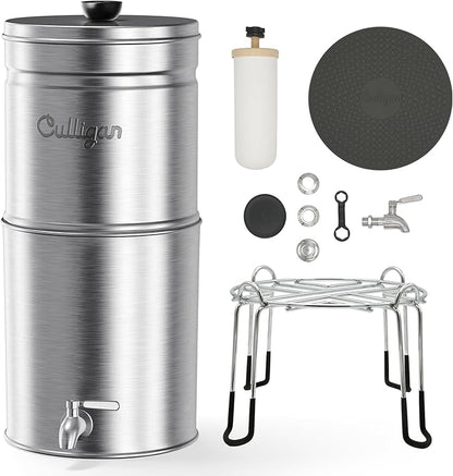 Culligan MaxClear 3 Gallon Gravity Water Filter System, Brushed Stainless-Steel Countertop Water Filter NSF/ANSI Certified to Reduce Microplastics, Lead & Total PFAS, with 3 Ceramic Filters