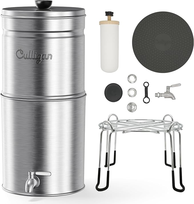 Culligan MaxClear 3 Gallon Gravity Water Filter System, Brushed Stainless-Steel Countertop Water Filter NSF/ANSI Certified to Reduce Microplastics, Lead & Total PFAS, with 1 Ceramic Filter