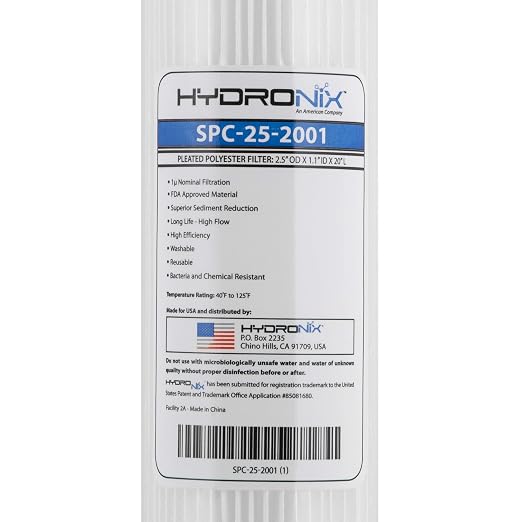 Hydronix SPC-25-2001 Universal Whole House Sediment Pleated Water Filter, Washable and Reusable, 2.5" x 20" - 1 Micron