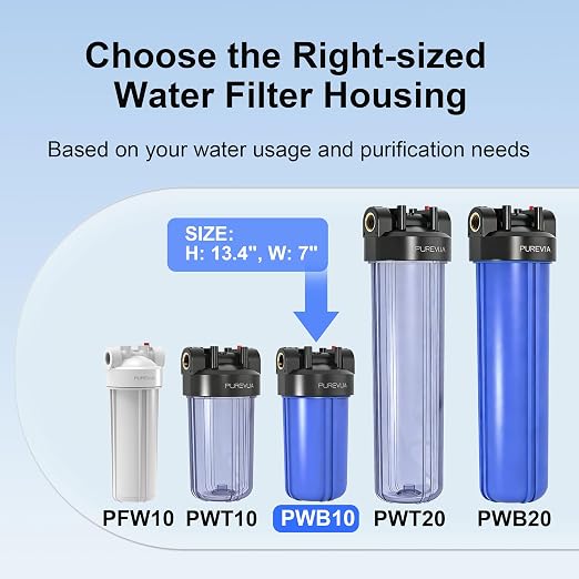 PWB10 Whole House Water Filter Housing, Fits 10” x 4.5” Big Blue Filters, Inline Pre-Filtration System for RV, Home Well and City Water Sediment etc with 1" NPT Port, Pressure Relief Valve