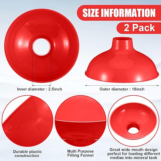 Vesici 2 Pack Extra Large Wide Mouth Funnel Red 2.5" x 10" Multi Purpose Filling Funnel Plastic Reusable for Water Softener Resin Tanks Carbon Media Jar Filling Use