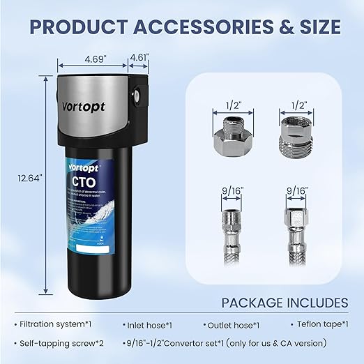 Vortopt Q7 19000 Gallon Sink Water Filter,Reduces Chlorine,Lead,Bad Taste & Odor,Undersink Water Filter Systems Direct Connect to Kitchen Faucets,NSF/ANSI 372/42 Certified,2 Year.