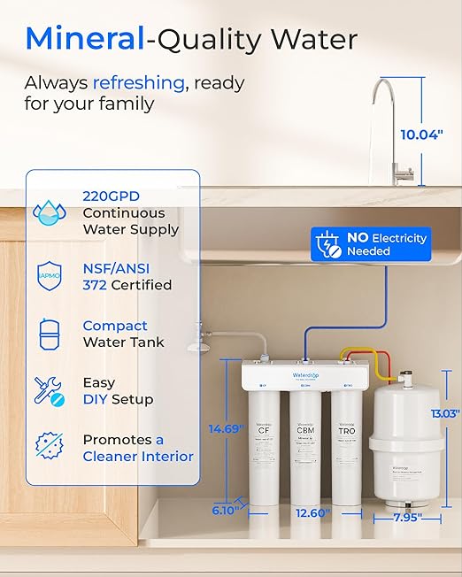 Waterdrop T3-T 220 GPD, Remineralization 7-Stage Reverse Osmosis System, 2:1 Pure to Drain, NSF/ANSI 372 Certified Water Filtration System, Under Sink RO Water Filter with Water Tank, No Power Needed