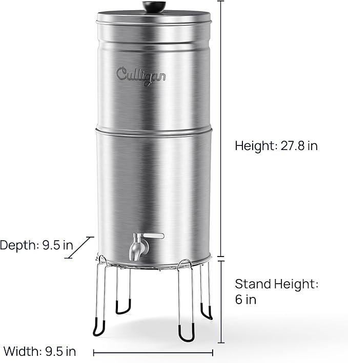 Culligan MaxClear 3 Gallon Gravity Water Filter System, Brushed Stainless-Steel Countertop Water Filter NSF/ANSI Certified to Reduce Microplastics, Lead & Total PFAS, with 1 Ceramic Filter