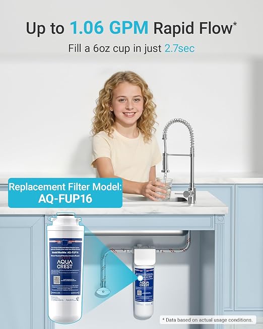 AQUA CREST UP16 Under Sink Water Filter System, Reduces up to 99.52% Chlorine, Bad Taste & Odor, Under Counter Water Filter Direct Connect to Kitchen Faucet, 11K Gallons