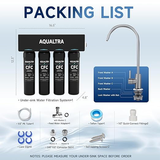 AQUALTRA USF-4F-10 Under Sink Water Filtration System, Commercial 65K Gal with Faucet, Reduce PFOA, PFOS, Chlorine, Lead, Mercury, Chloramine, Fluoride, Microplastics Particles, Bad Taste & Odor