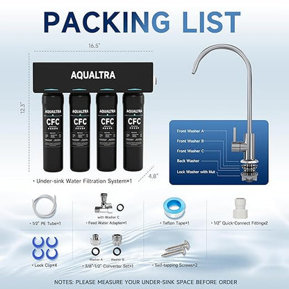 AQUALTRA USF-4F-10 Under Sink Water Filtration System, Commercial 65K Gal with Faucet, Reduce PFOA, PFOS, Chlorine, Lead, Mercury, Chloramine, Fluoride, Microplastics Particles, Bad Taste & Odor